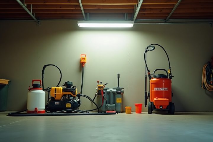 Pest control equipment laid out on a garage floor including sprayers, duster, hose and safety gear