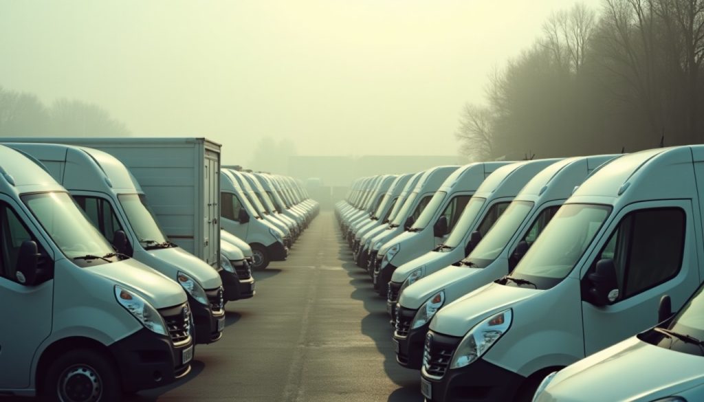 Rows of unbranded white pest control service vans in a large fleet yard, showing the scale of consolidated operators