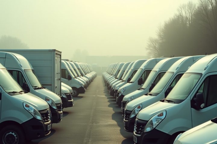 Rows of unbranded white pest control service vans in a large fleet yard, showing the scale of consolidated operators