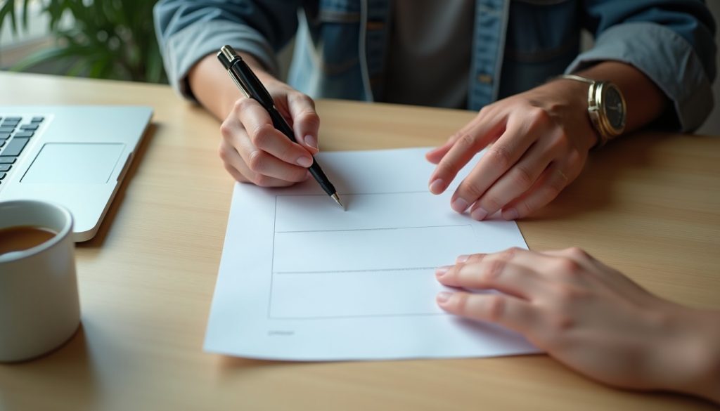 Two people signing paperwork across a desk with a pen, laptop and coffee cup