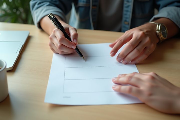 Two people signing paperwork across a desk with a pen, laptop and coffee cup