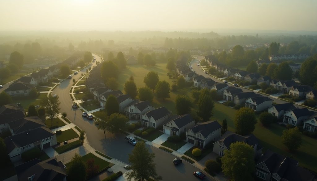 Aerial view of an American suburban neighbourhood of detached houses, the housing stock pest control companies serve