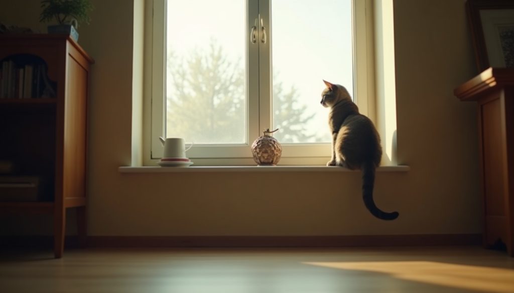 A cat sitting on a sunlit windowsill in a clean domestic living room after pest control treatment