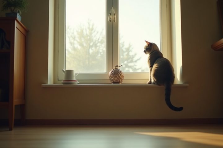 A cat sitting on a sunlit windowsill in a clean domestic living room after pest control treatment