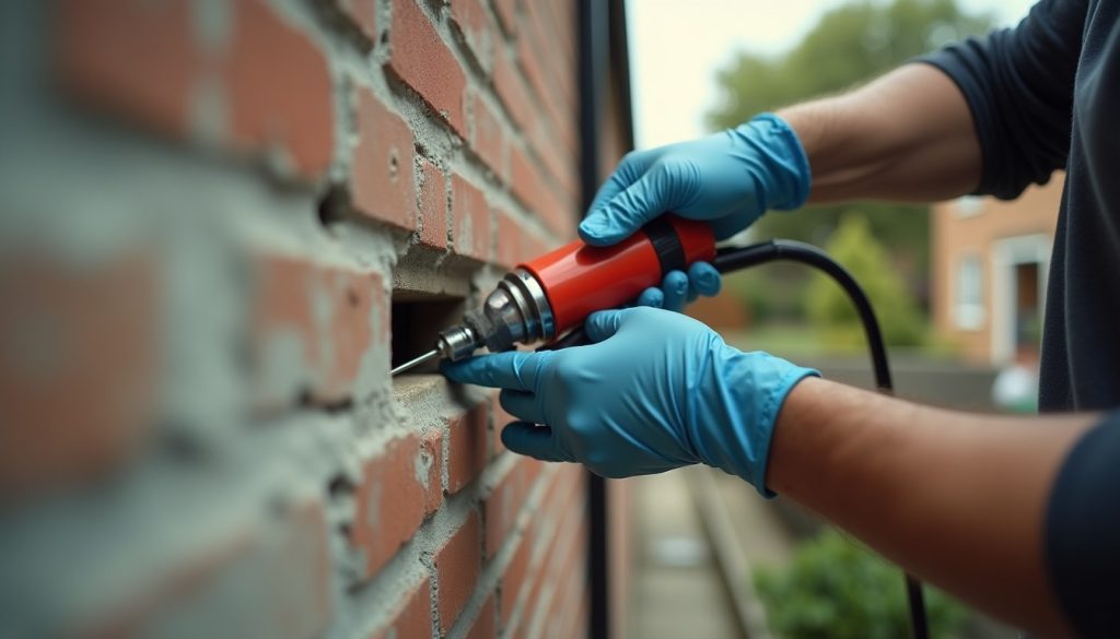 Gloved hands applying sealant into the gap where a pipe penetrates an exterior wall during exclusion work