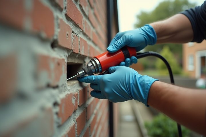 Gloved hands applying sealant into the gap where a pipe penetrates an exterior wall during exclusion work