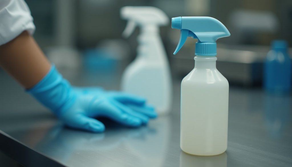 Unmarked spray bottle and nitrile gloves on a laboratory bench, representing insecticide resistance testing