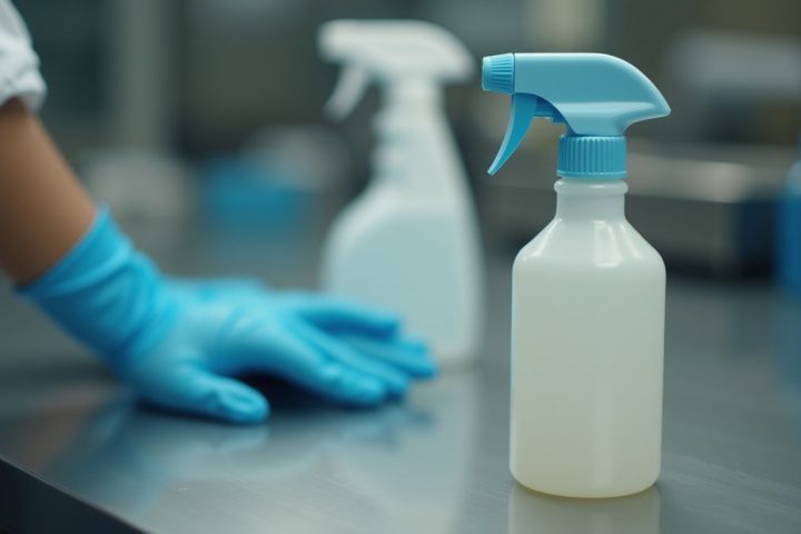 Unmarked spray bottle and nitrile gloves on a laboratory bench, representing insecticide resistance testing