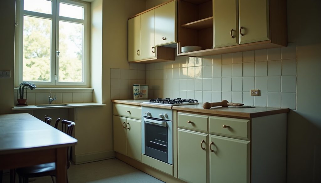 Kitchen with worktops cleared and lower cabinet doors open, prepared for a pest control treatment