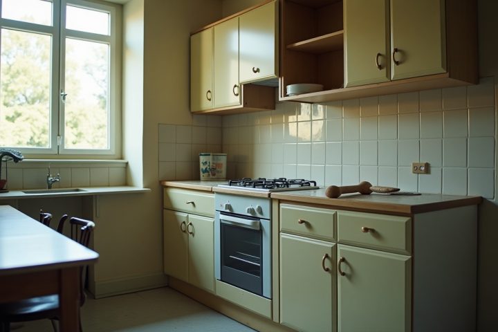 Kitchen with worktops cleared and lower cabinet doors open, prepared for a pest control treatment