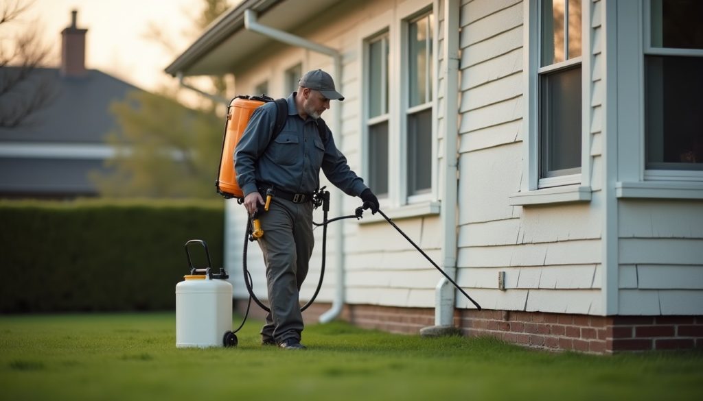 Technician treating the perimeter of a suburban house with a sprayer wand on a routine quarterly visit