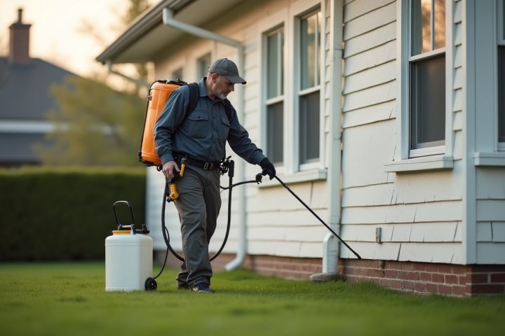 Technician treating the perimeter of a suburban house with a sprayer wand on a routine quarterly visit