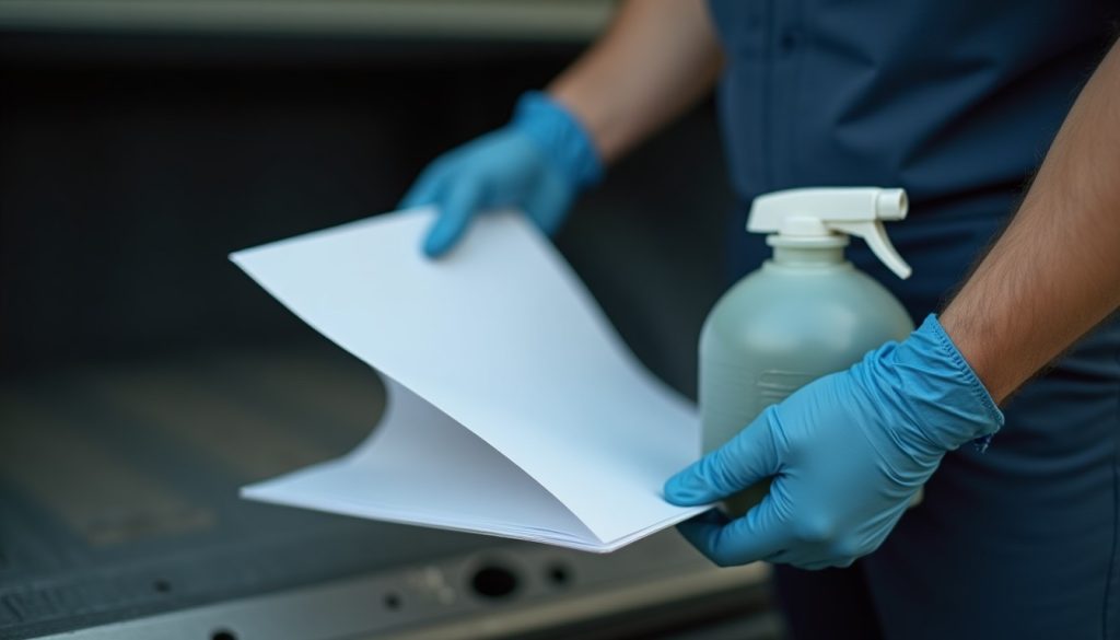 Gloved hands holding an unmarked chemical container and reading a folded product label document