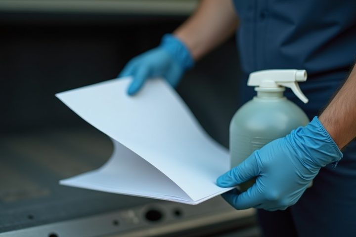 Gloved hands holding an unmarked chemical container and reading a folded product label document