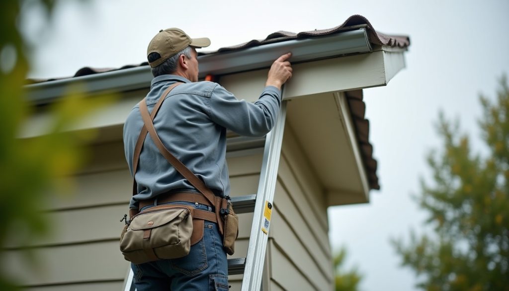 Technician on a ladder sealing a gap in a house soffit with mesh as part of rodent exclusion work