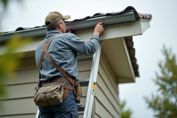 Technician on a ladder sealing a gap in a house soffit with mesh as part of rodent exclusion work