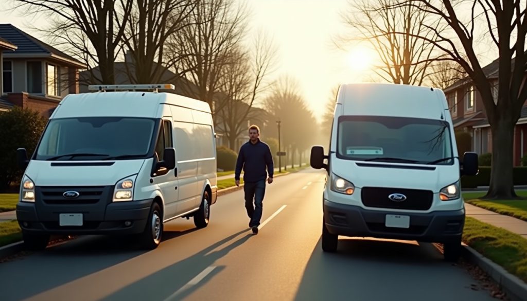 Two pest control service vans parked on a suburban street with a technician walking between them