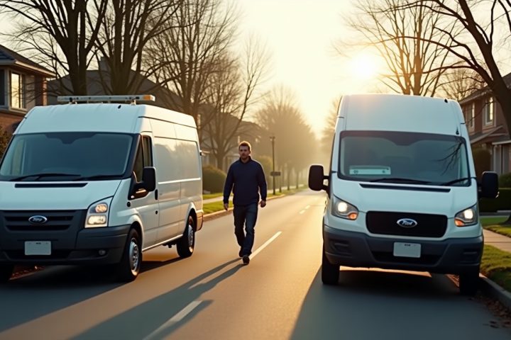 Two pest control service vans parked on a suburban street with a technician walking between them