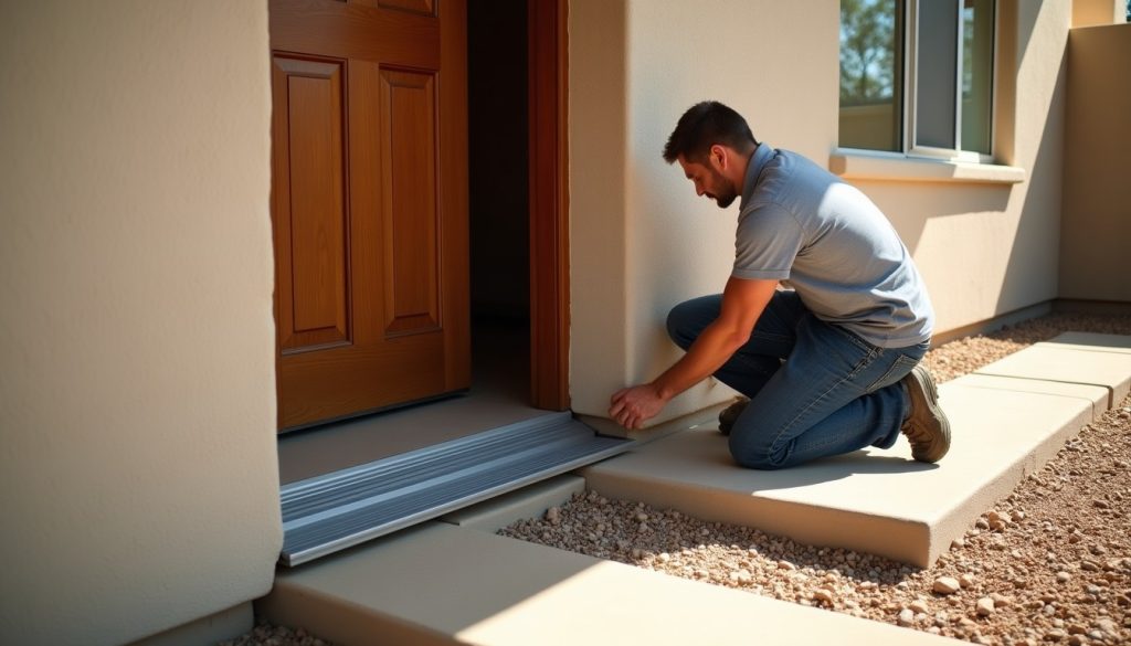 Technician fitting a door sweep along the base of an exterior door on a desert-style stucco home