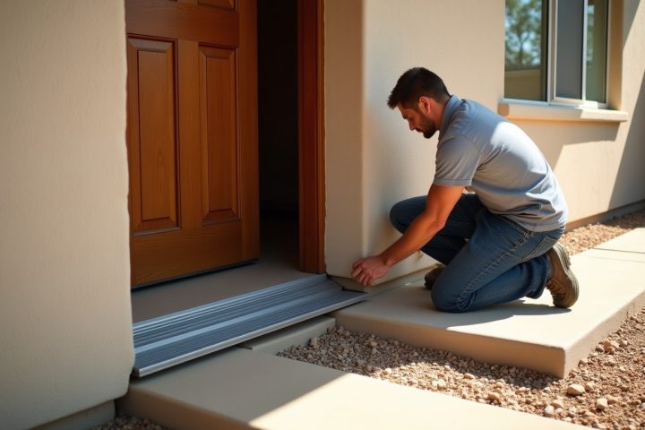 Technician fitting a door sweep along the base of an exterior door on a desert-style stucco home