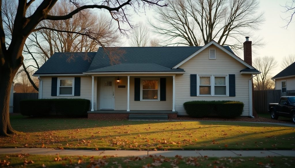 Suburban house exterior in autumn with fallen leaves and bare branches, the season rodents move indoors