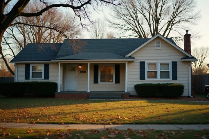 Suburban house exterior in autumn with fallen leaves and bare branches, the season rodents move indoors