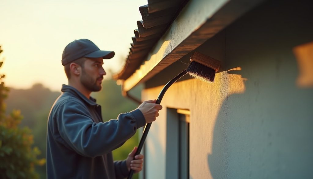 Technician clearing cobwebs from house eaves with a long-handled de-webbing brush
