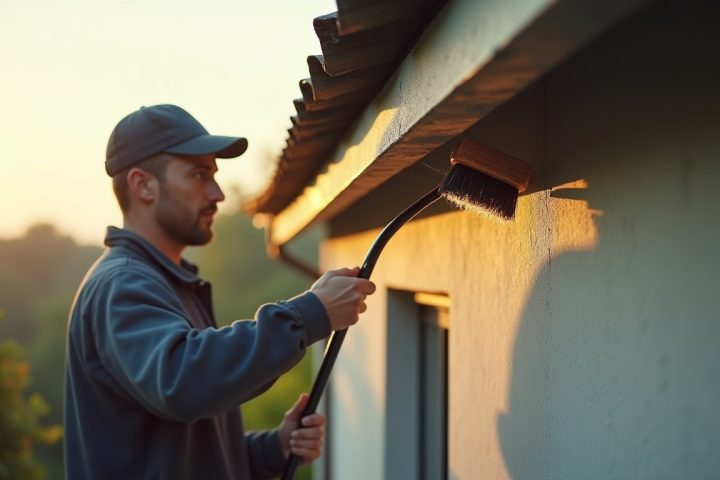 Technician clearing cobwebs from house eaves with a long-handled de-webbing brush