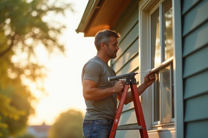 Homeowner on a ladder applying sealant around a window frame in late summer to exclude overwintering pests
