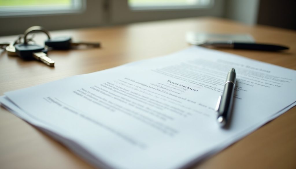 A folded contract document and pen on a table beside house keys, representing a termite bond agreement
