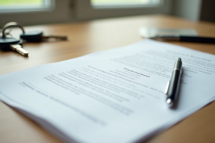 A folded contract document and pen on a table beside house keys, representing a termite bond agreement