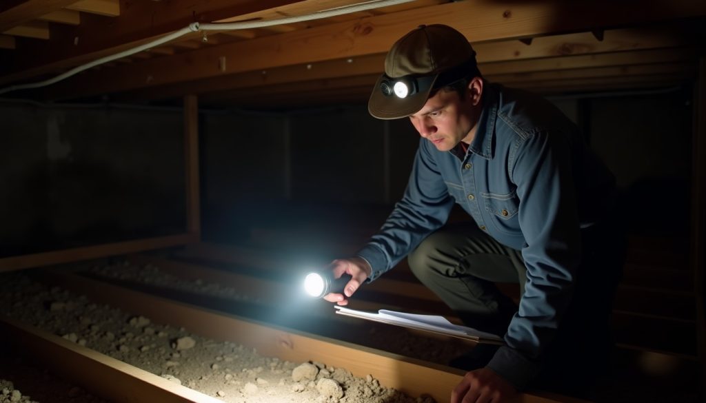Inspector with a torch and clipboard examining floor joists in a crawlspace beneath a house