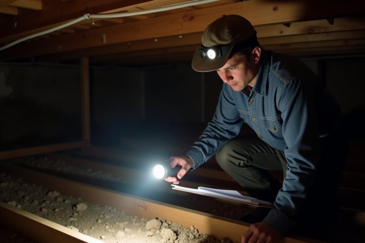 Inspector with a torch and clipboard examining floor joists in a crawlspace beneath a house