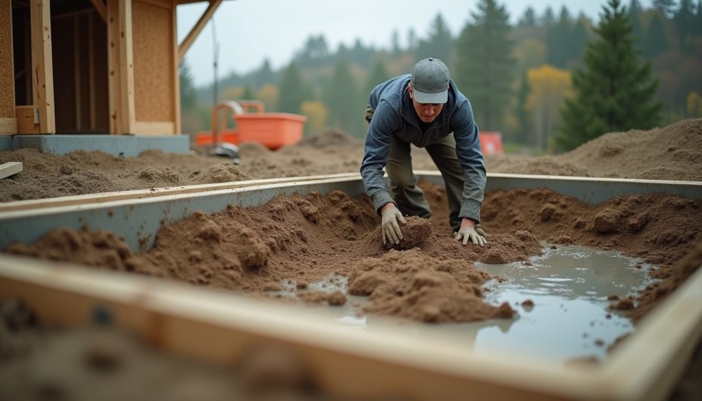 Worker treating open soil across a house footprint before the concrete slab is poured