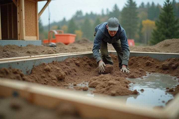 Worker treating open soil across a house footprint before the concrete slab is poured