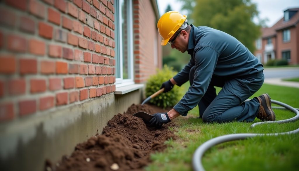 Technician trenching soil along a brick house foundation to apply a liquid termite barrier