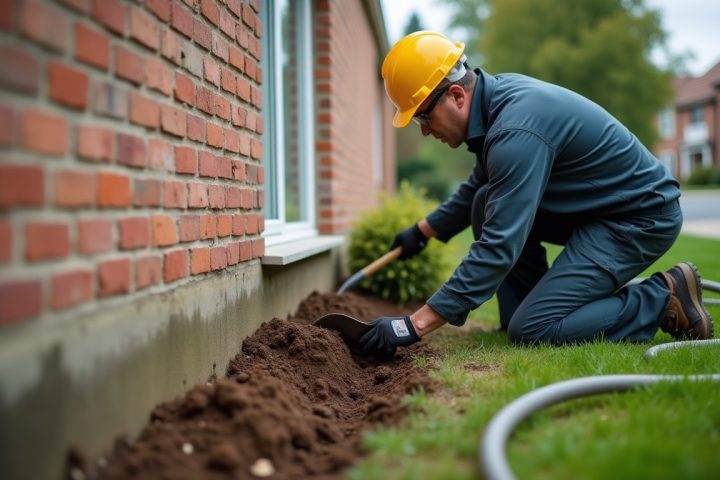 Technician trenching soil along a brick house foundation to apply a liquid termite barrier