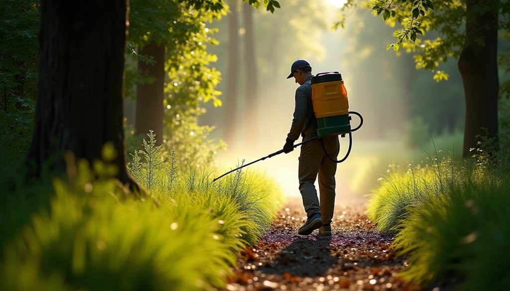 Technician with a backpack sprayer treating the shaded transition zone where mown lawn meets woodland leaf litter