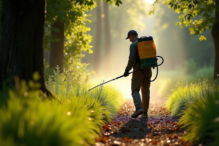 Technician with a backpack sprayer treating the shaded transition zone where mown lawn meets woodland leaf litter