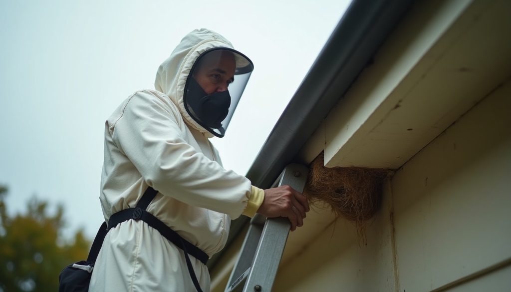 Pest control technician in a protective suit and veil on a ladder beside a paper wasp nest under a house soffit