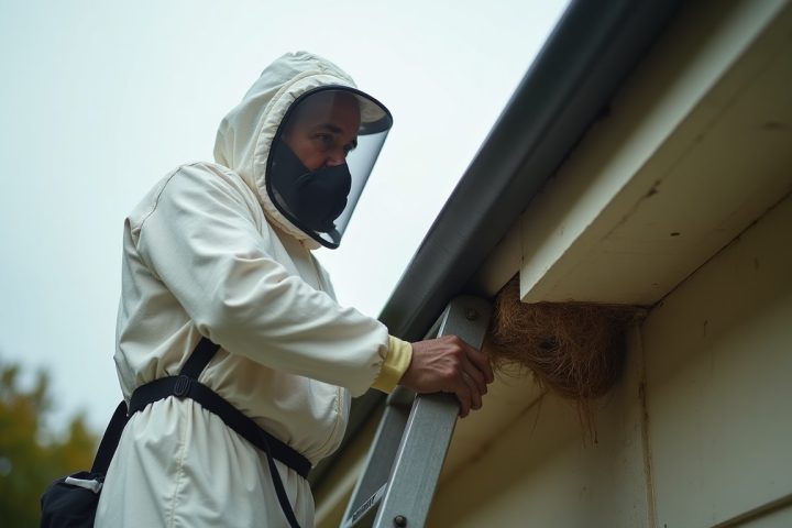 Pest control technician in a protective suit and veil on a ladder beside a paper wasp nest under a house soffit