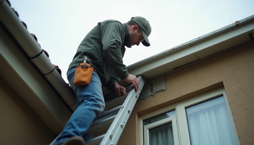 Wildlife control technician on a ladder fitting a metal mesh exclusion screen over a gap at a house soffit