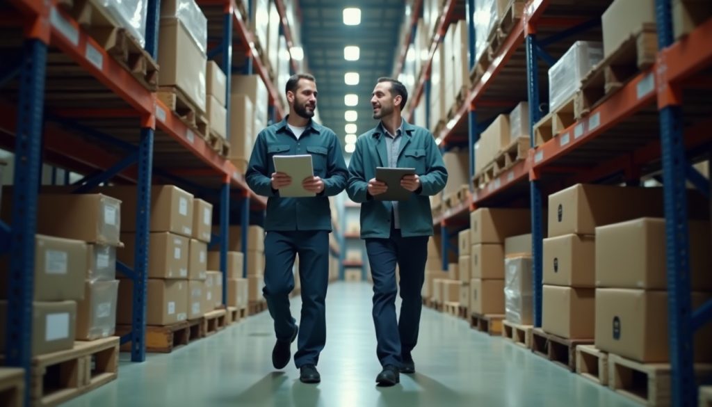 Pest control technician and facility manager walking a commercial warehouse aisle with a clipboard