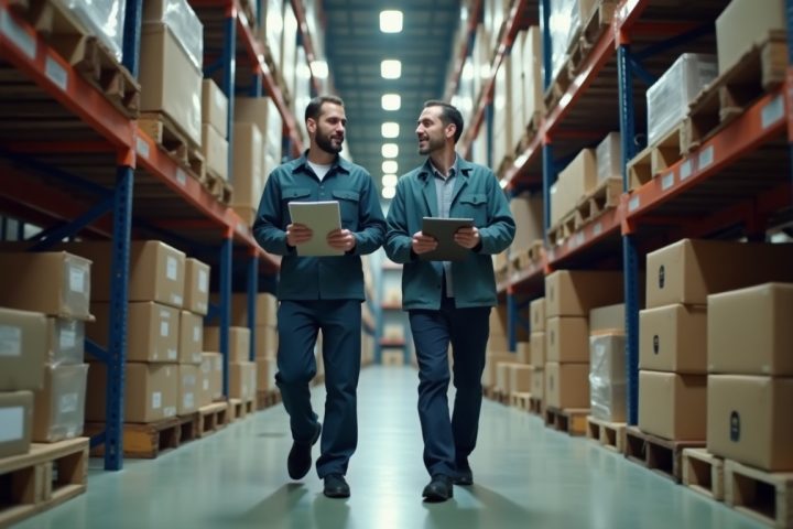 Pest control technician and facility manager walking a commercial warehouse aisle with a clipboard