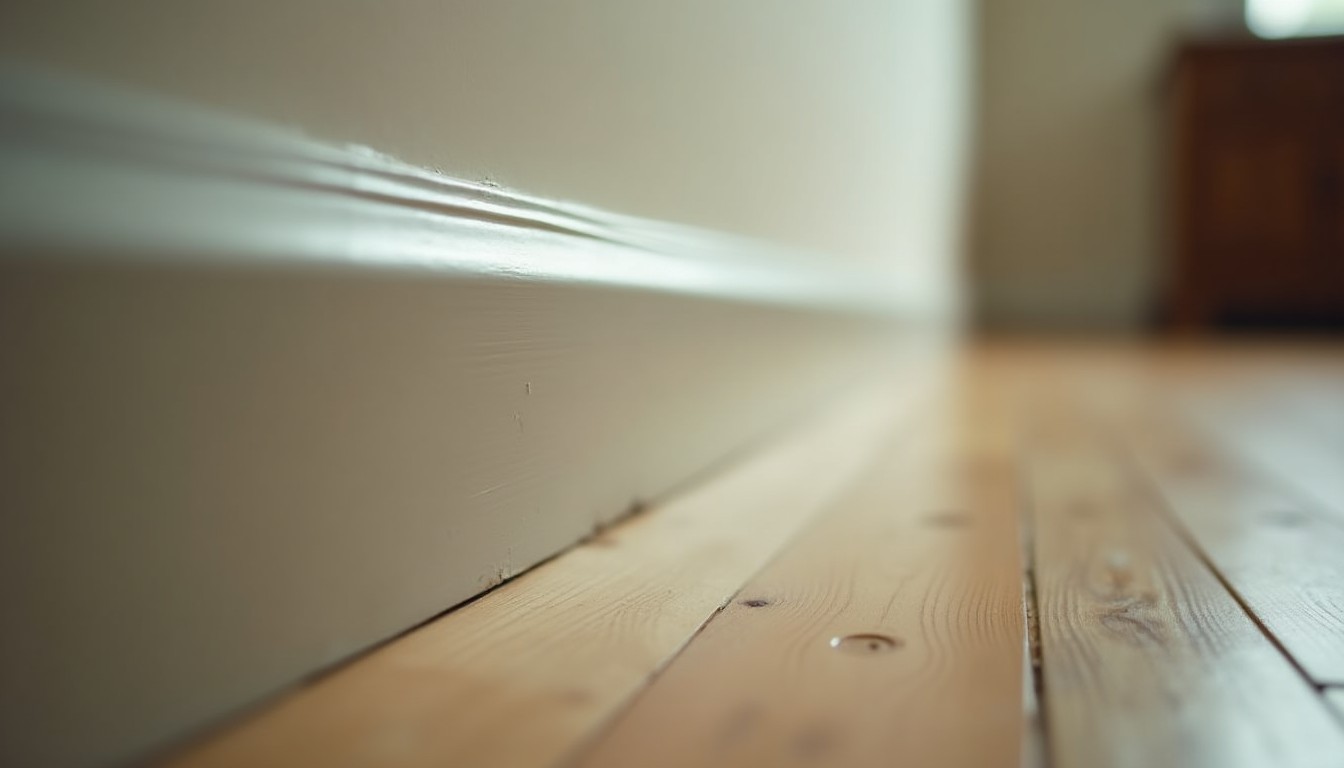 Close view along a painted skirting board meeting a wooden floor with a narrow gap visible