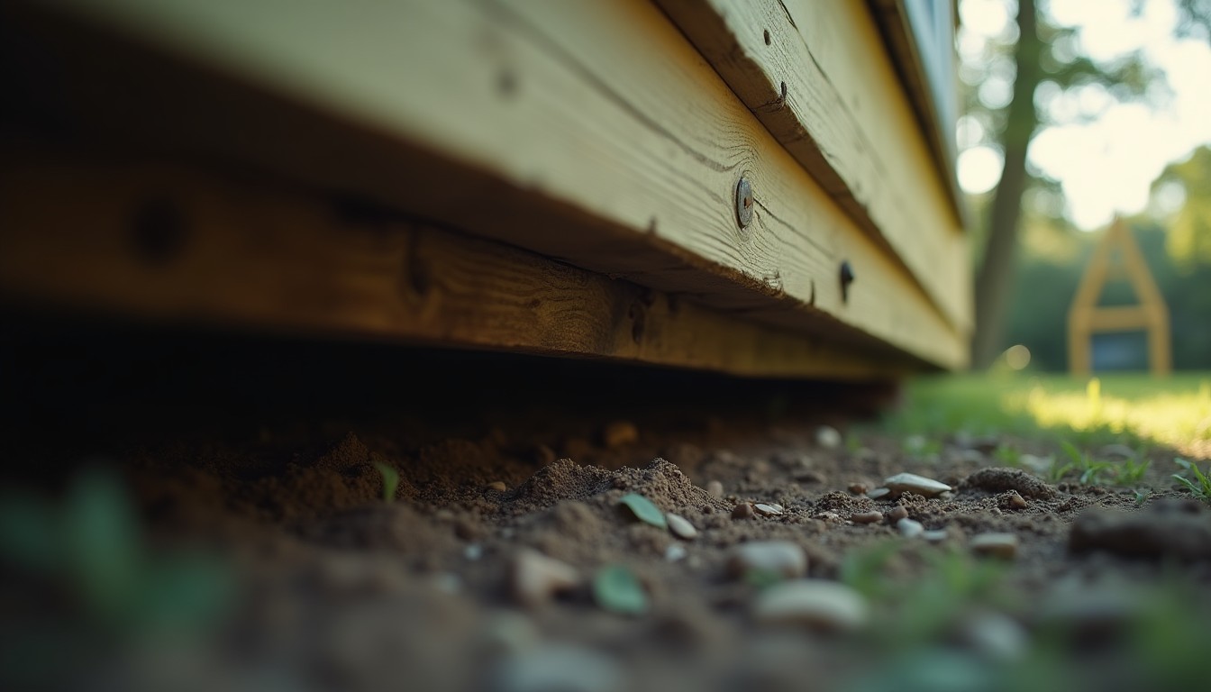 Underside edge of a wooden deck against a house wall with damp timber and soil beneath