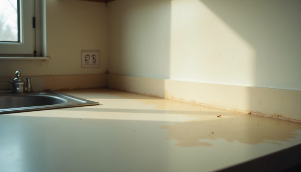 Kitchen worktop meeting the wall with crumbs and a damp patch near the sink in morning light
