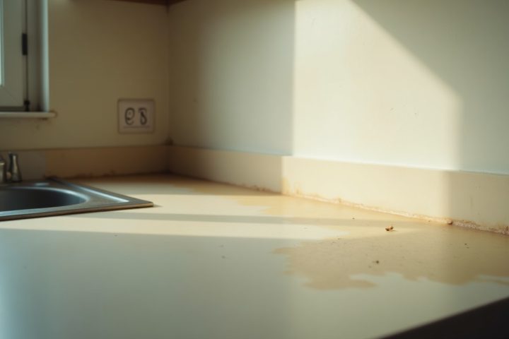Kitchen worktop meeting the wall with crumbs and a damp patch near the sink in morning light