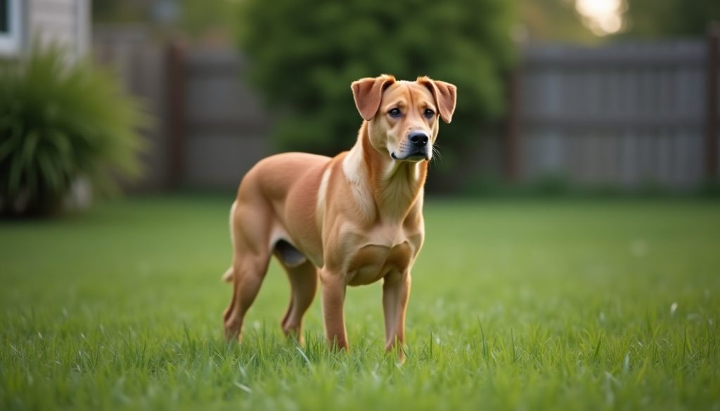 Brown dog standing in the grass of a fenced back yard on a summer afternoon