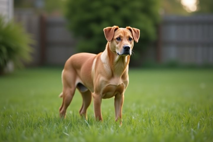 Brown dog standing in the grass of a fenced back yard on a summer afternoon
